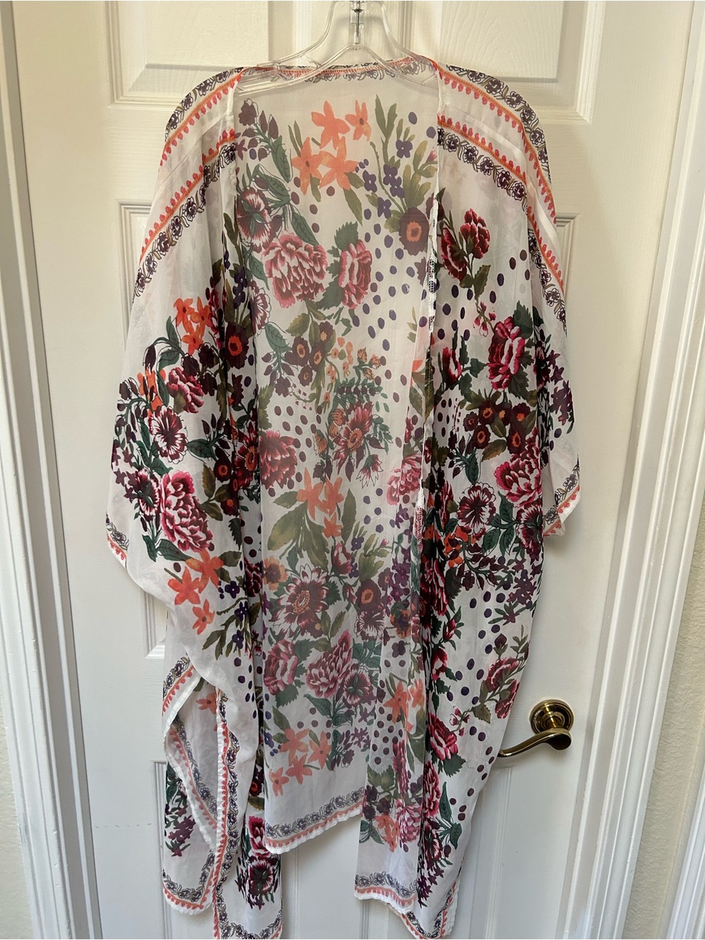 Floral Sheer Kimono Cardigan - White with Pink & Green Floral Print